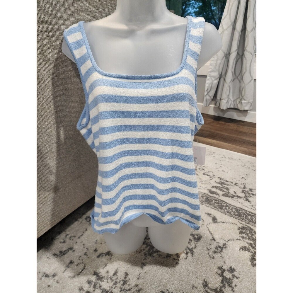 NEW LC Lauren Conrad Blue White Knit Sweater Tank Top Scoop Neck Size XL